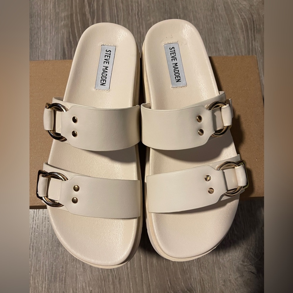 STEVE MADDEN Hanni Dual Buckle Strap Slide Sandals - Women’s 8.5 US - Bone Ivory